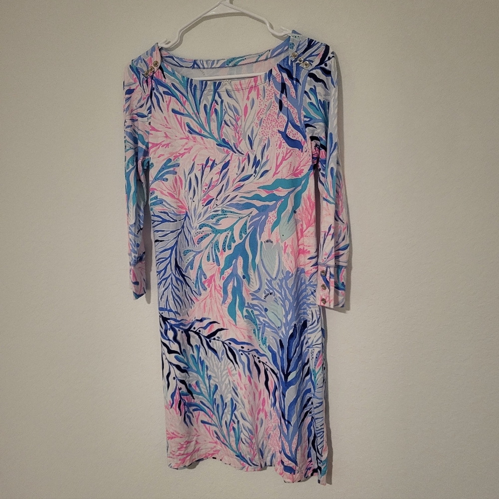 Lilly Pulitzer UPF 50+ SOPHIE DRESS Crew Blue Tint Kaleidoscope Coral Size Small
